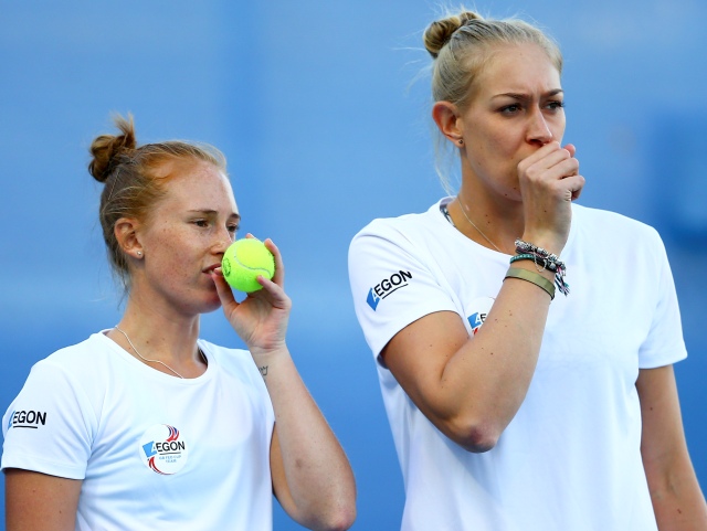 Anna Smith, left, and Jocelyn Rae, in Fed Cup action. Credit LTA