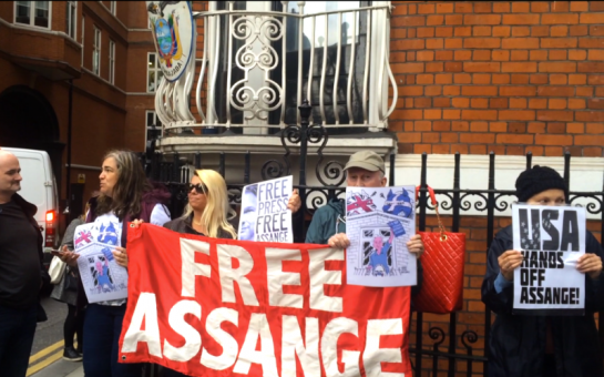 Vigil outside the Ecuadorian embassy in London after Swedish prosecutors drop charges against Julian Assange