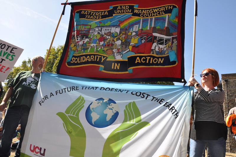 Battersea and Wandsworth trades union council banner and protestors at the global climate strike.