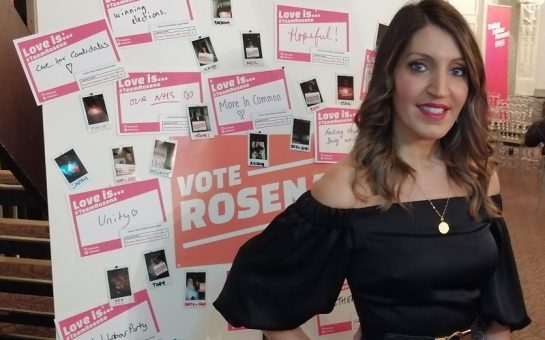 Dr Rosena Allin-Khan in front of campaign posters