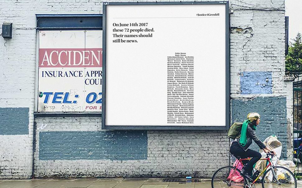 Digital tower constructed from the 72 victims appeared on billboards across London