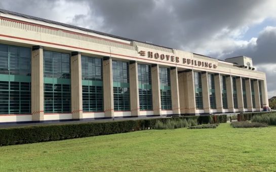 A view of the 1930s Art Deco Hoover Building from the front