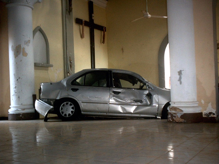 St Mary's Matara, Sri Lanka damage done by tsunami car in church
