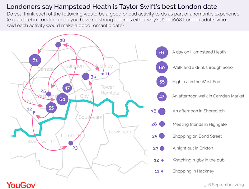 Map showing London Boy date locations and popularity