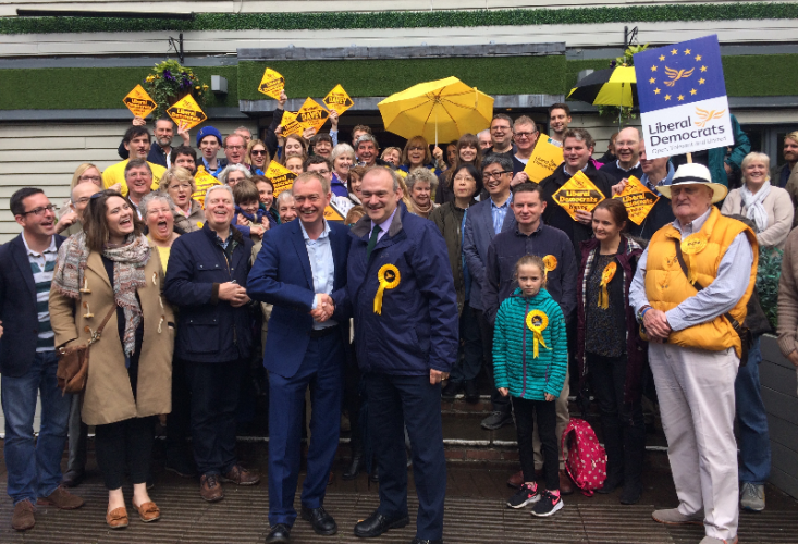 Tim Farron with Ed Davey at the Lib Dem Battle Bus stop in Surbiton