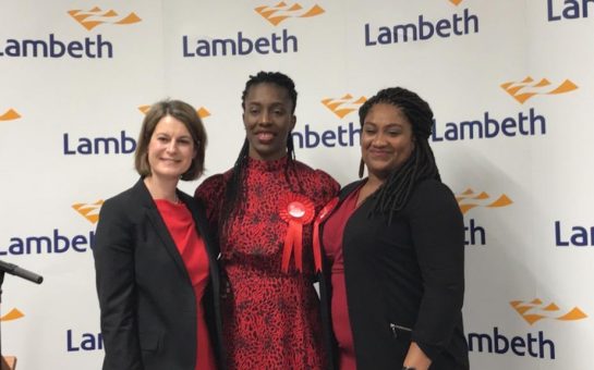 Helen Hayes (L) poses with other Labour winners in London