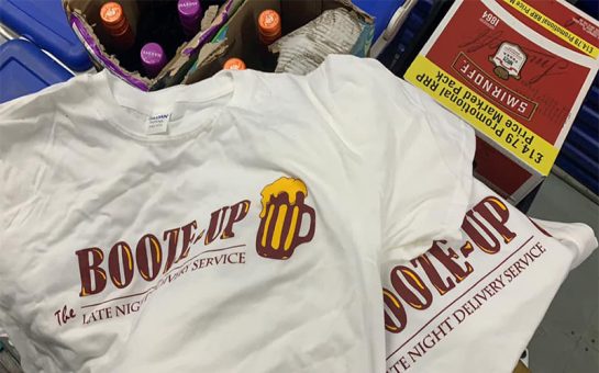 Booze Up company T-Shirts and wine bottles