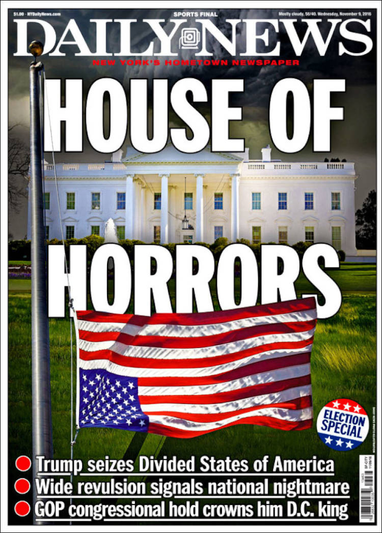 Front page of the New York Daily News for November 9, 2016: Donald Trump defeats Hillary Clinton to win the election and become the 45th president of the United States.