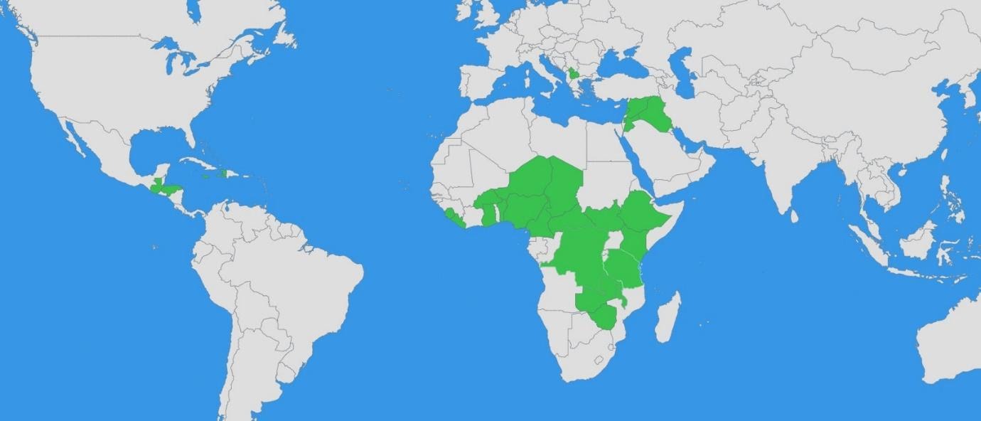 A map of the world with these countries highlighted green: Burkina Faso, Demographic Republic Of Congo, Ethiopia, Liberia, South Sudan, Palestinian Territories (Gaza and West Bank), Lebanon, Guatemala, Haiti, Jamaica and Honduras