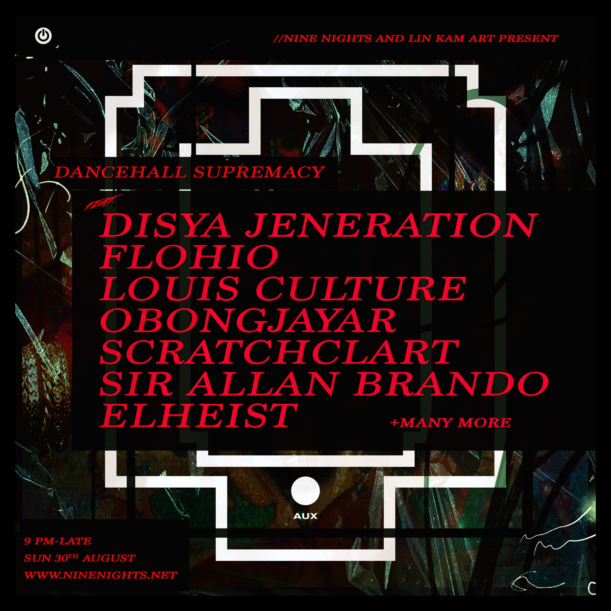 The flyer for the event. It lists: Disya Jeneration, Flohio, Louis Culture, Obongjayar, Scratchclart, Sir Allan Brando and Elheist.