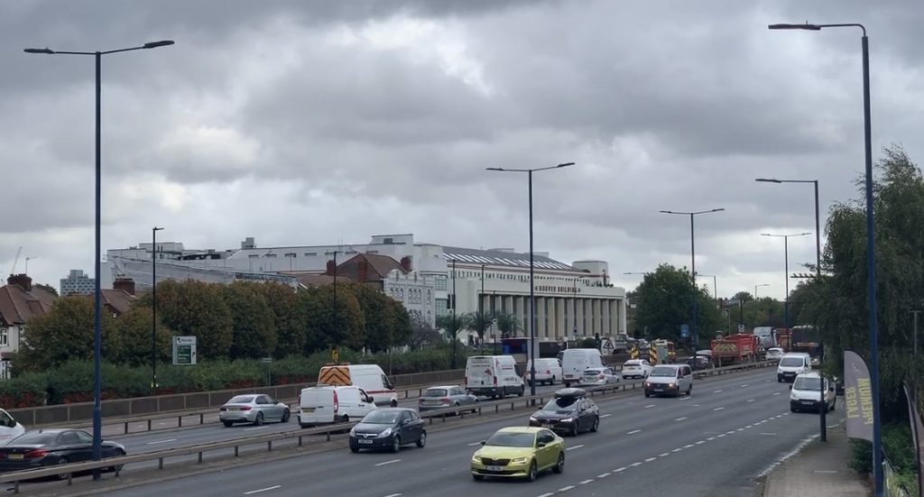 A view of the Hoover Building and A40 from a nearby bridge