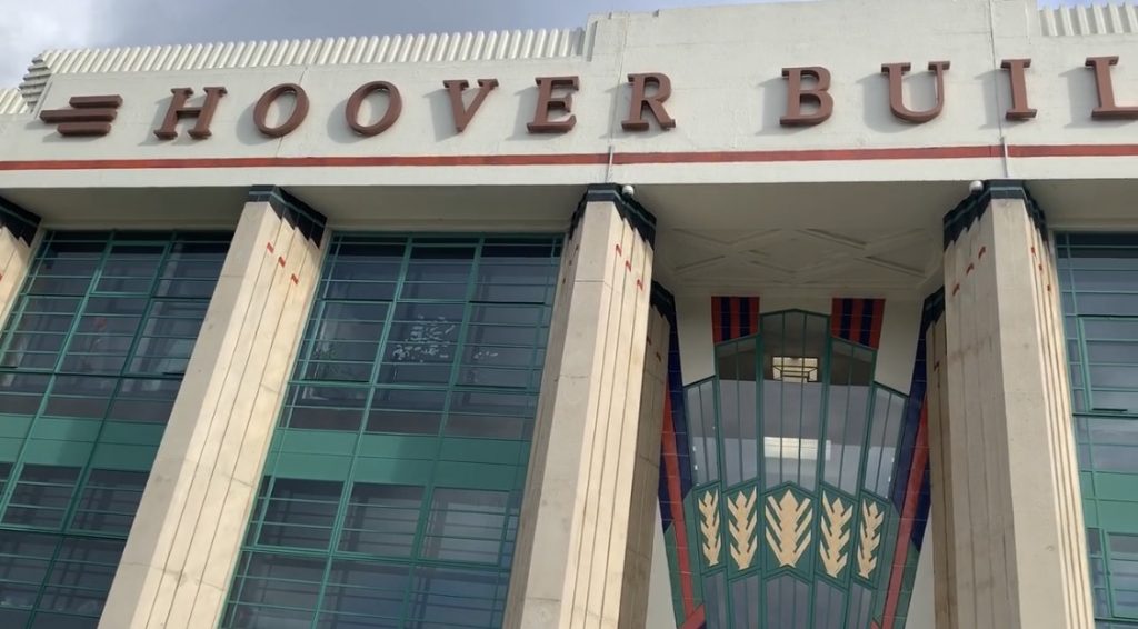 A close up of the front of the Hoover Building