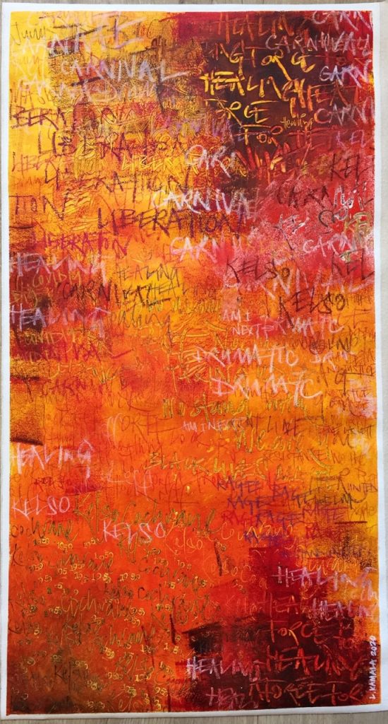 An orange, red and yellow artwork with words inscribed in the paint. You can see the name 'Kelso' many times as well as words such as 'liberation'.