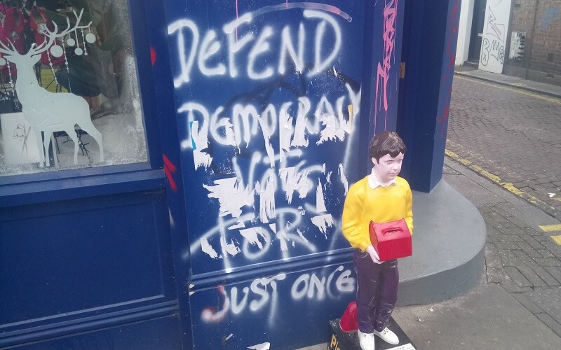 Pro Tory graffiti on a charity shop in Portobello Road