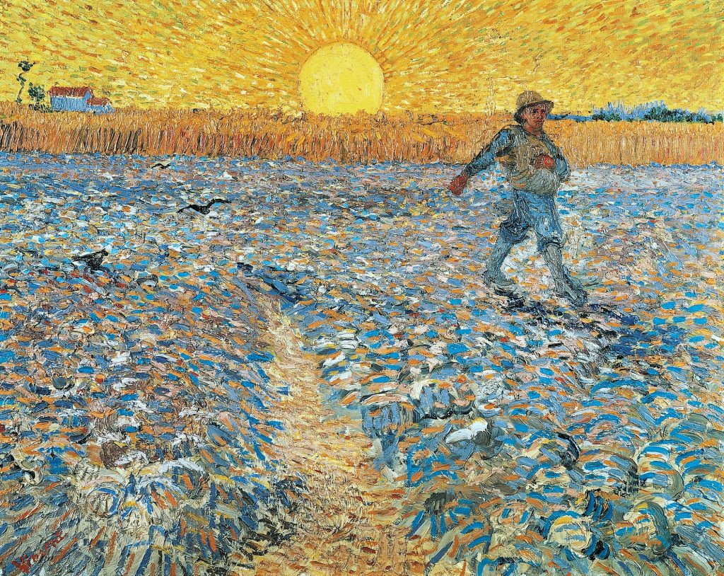 Image of famous Van Gogh painting, The Sower at Sunset which depicts a sower walking across a field as the sun sets over it. The colours are very bright.