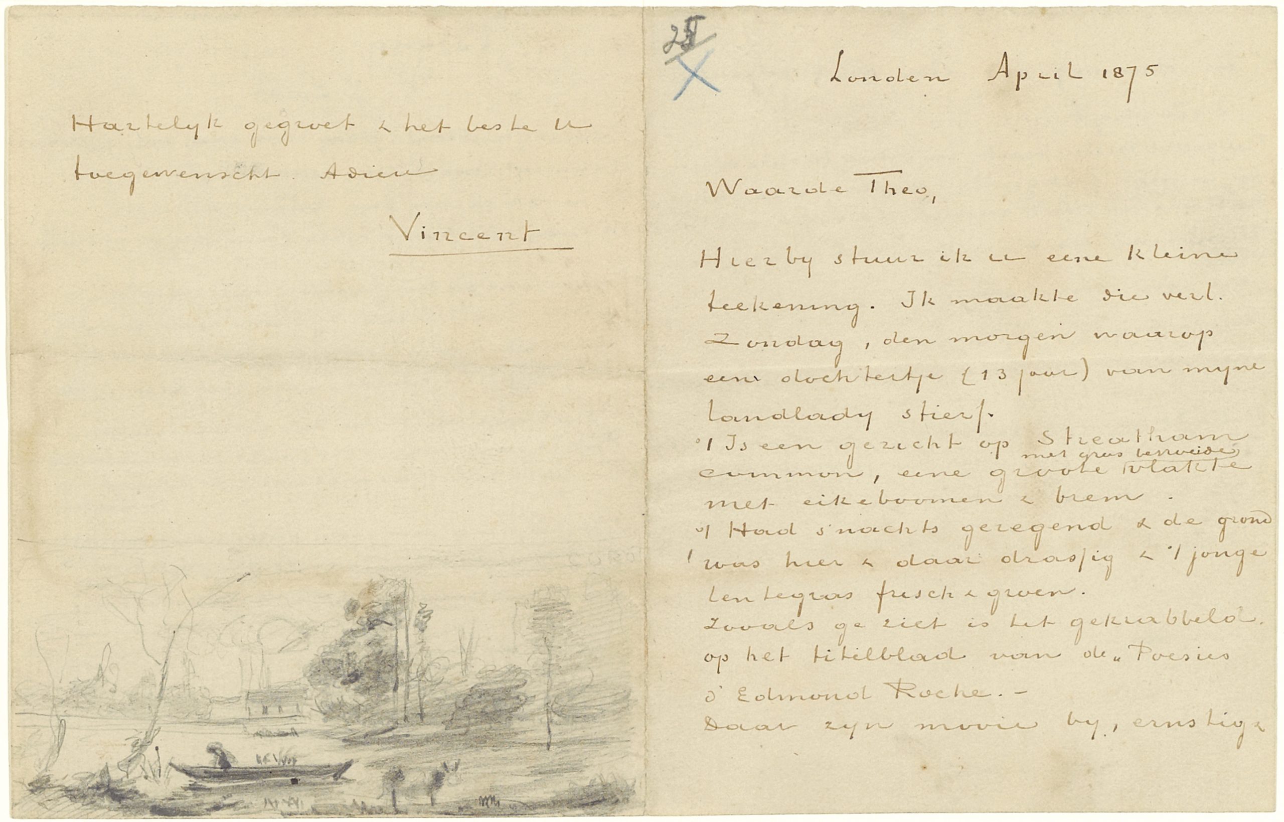 Image of a letter Van Gogh sent to his brother whilst in London. The paper is yellowed and there's a sketch at the bottom of the page. 