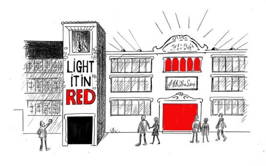 Illustration of a Victorian warehouse with red for #LightItInRed campaign