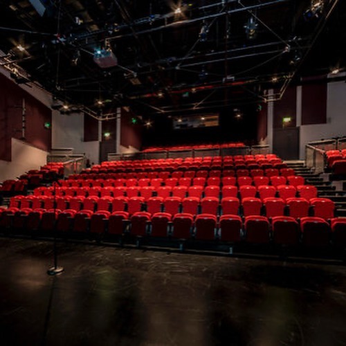 Rows and rows of empty red chairs in a theatre,