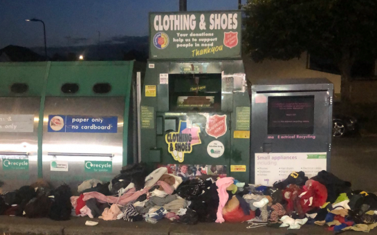 The Salvation Army clothing bank resembles an overflowing bin