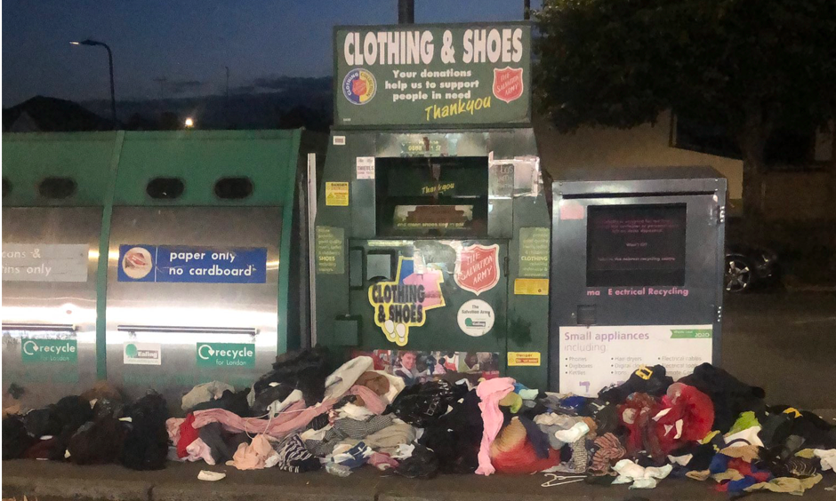 The Salvation Army clothing bank resembles an overflowing bin