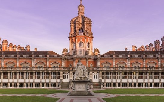 Exterior of Royal Holloway Campus at sunset