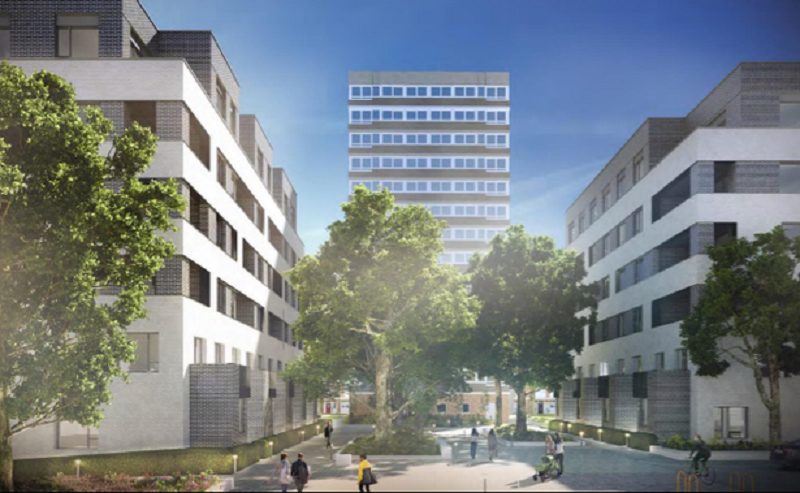 CGI image of the Surrey Lane regeneration scheme showing the new and old blocks.