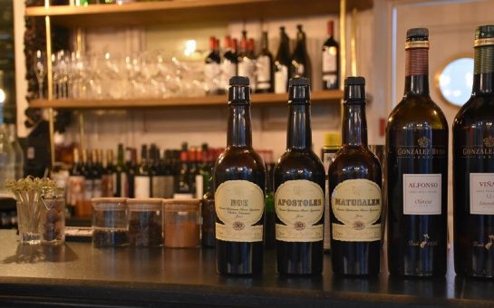 Sherry bottles on a bar at Iberica Spanish restaurant in Victoria