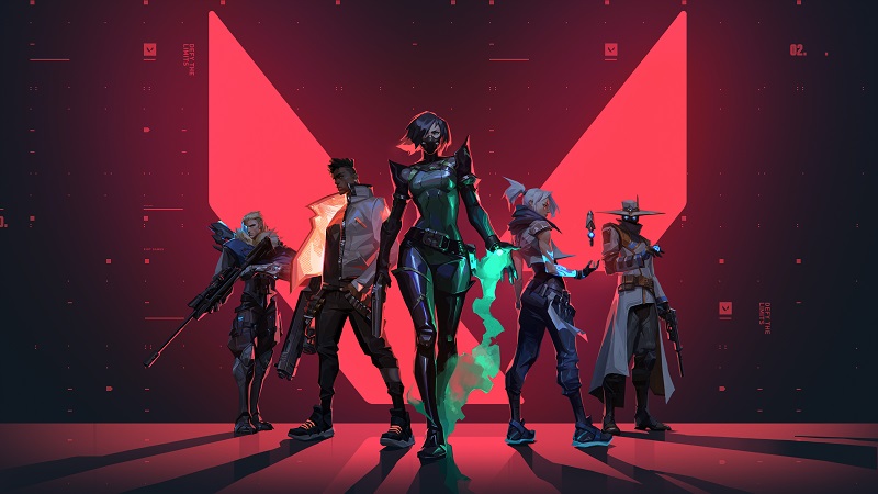 A CGI image of five characters from the game Valorant arranged in a V formation with a dark red background. 