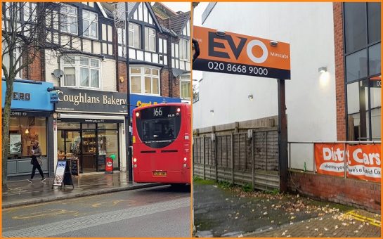 A collage image of Coughlans Bakery and District Evo Cars in Coulsdon