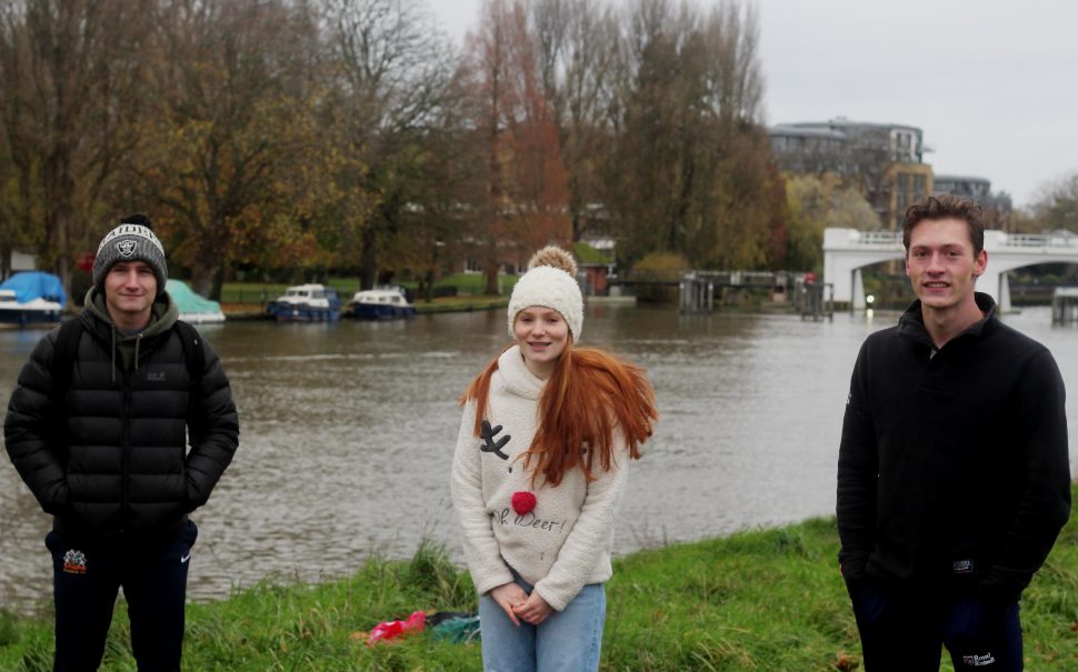 Ioan, Becca and Sam, second-year students from St. George’s, after their first Thames swim in November
