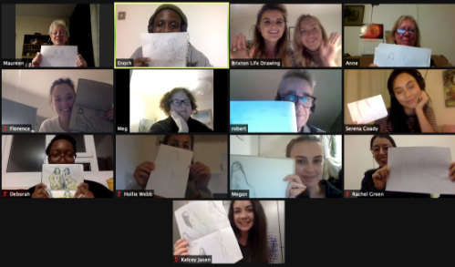 South London Cares Zoom virtual social club attendees holding their life drawing sketches