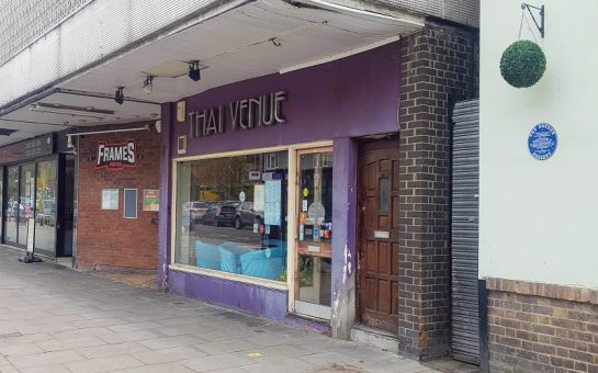 Thai restaurant Thai Venue in Coulsdon with its purple front and silver sign