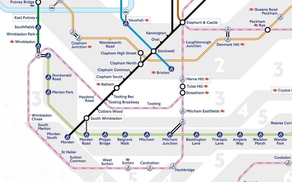 A tube map cropped to show the Sutton Loop. Unusually, the tube map shows the Thameslink route.