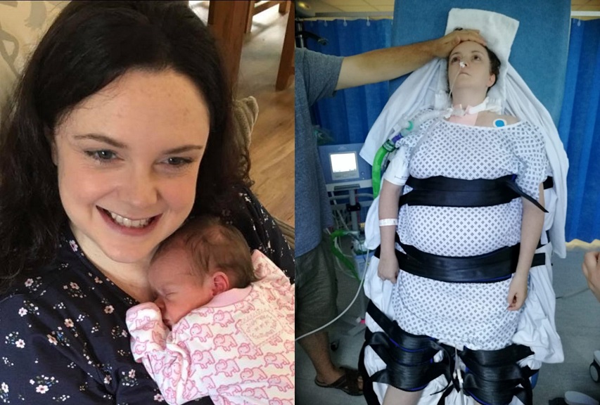 Laura before and after her struggles with Guillain-Barré syndrome, with her baby on the left and in hospital on the right