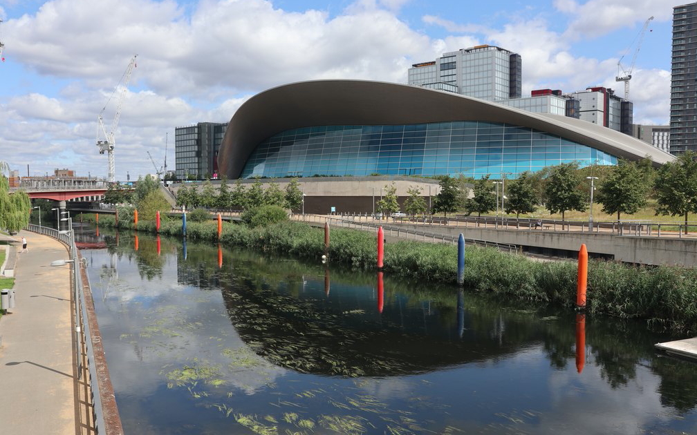 The London Aquatics Centre, once referred to as The Stingray, next to the River Lea in Stratford.