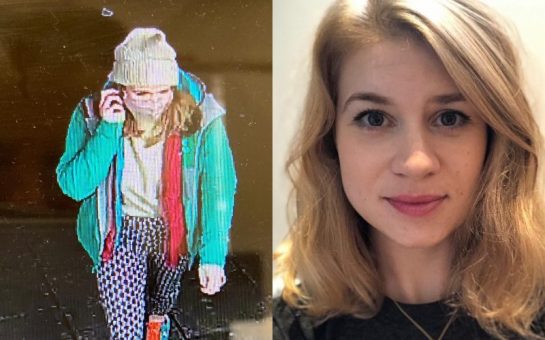 Photos of missing person Sarah Everard, blonde hair wearing a green coat, white beanie and blue trousers