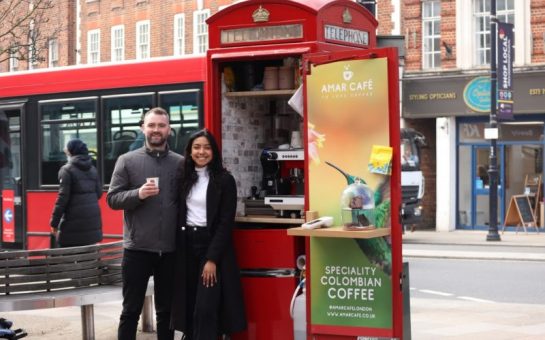 Lore Mejia, 28, and Sean Rafferty, 31 with their telephone box turned coffee shop in Twickenham