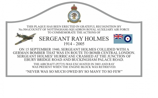 Detail of a commemorative plaque honouring Sgt Ray Holmes and his famous ramming.