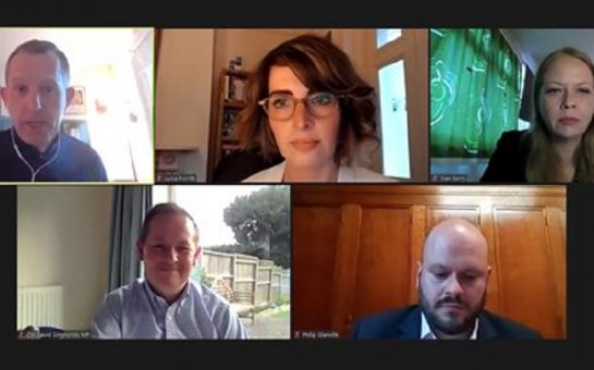 The Zoom call of the Hustings, featuring the four representatives and the host