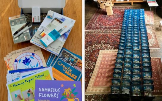 250 creativity boxes are laid out in Leighton House's main studio, repressing the scale of the project. Next to this, an image of the contents of the box is shown which depicts water colours, a high quality pad of paper, sketching pencils, ink, and an array of activities commissioned by the museum.