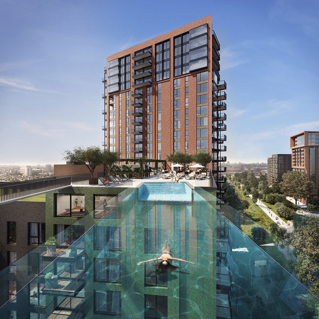 A swimmer lounges in the Nine Elms sky pool 