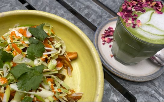vegan tacos and rose coffee at farm girl cafe