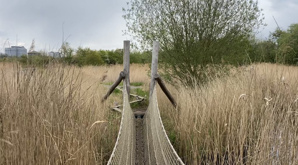 A rope bridge sits in the middle of wetland with the London skyline in the distance
