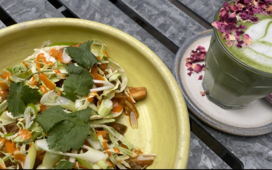 vegan tacos and Rose coffee at farm girl cafe