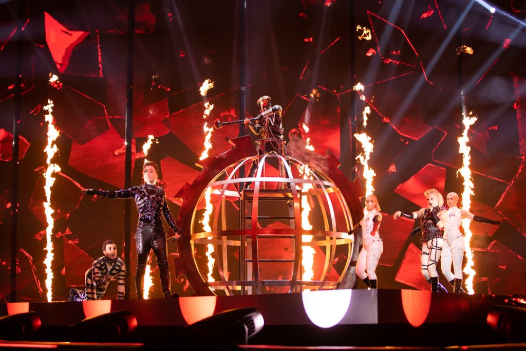 Hatari perform surrounded by flames at Eurovision