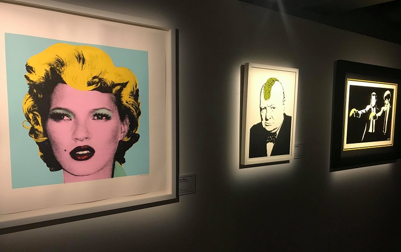 Collection of Banksy works depicting Kate Moss, Winston Churchill and John Travolta and Samuel L Jackson in Pulp Fiction