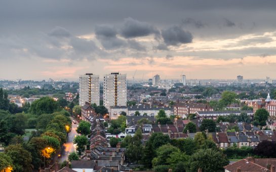 London Cityscape- Streets of terraced house and council estate tower blocks form the cityscape of Tooting and Earlsfield in south west London.