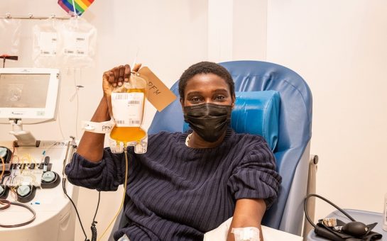 A patient receiving plasma at one of the London donation centres