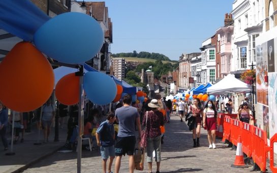 Guildford High Street with Children's Business Fair stalls