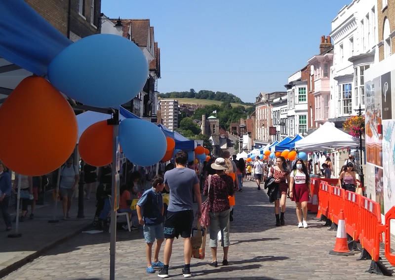 Guildford High Street with Children's Business Fair stalls